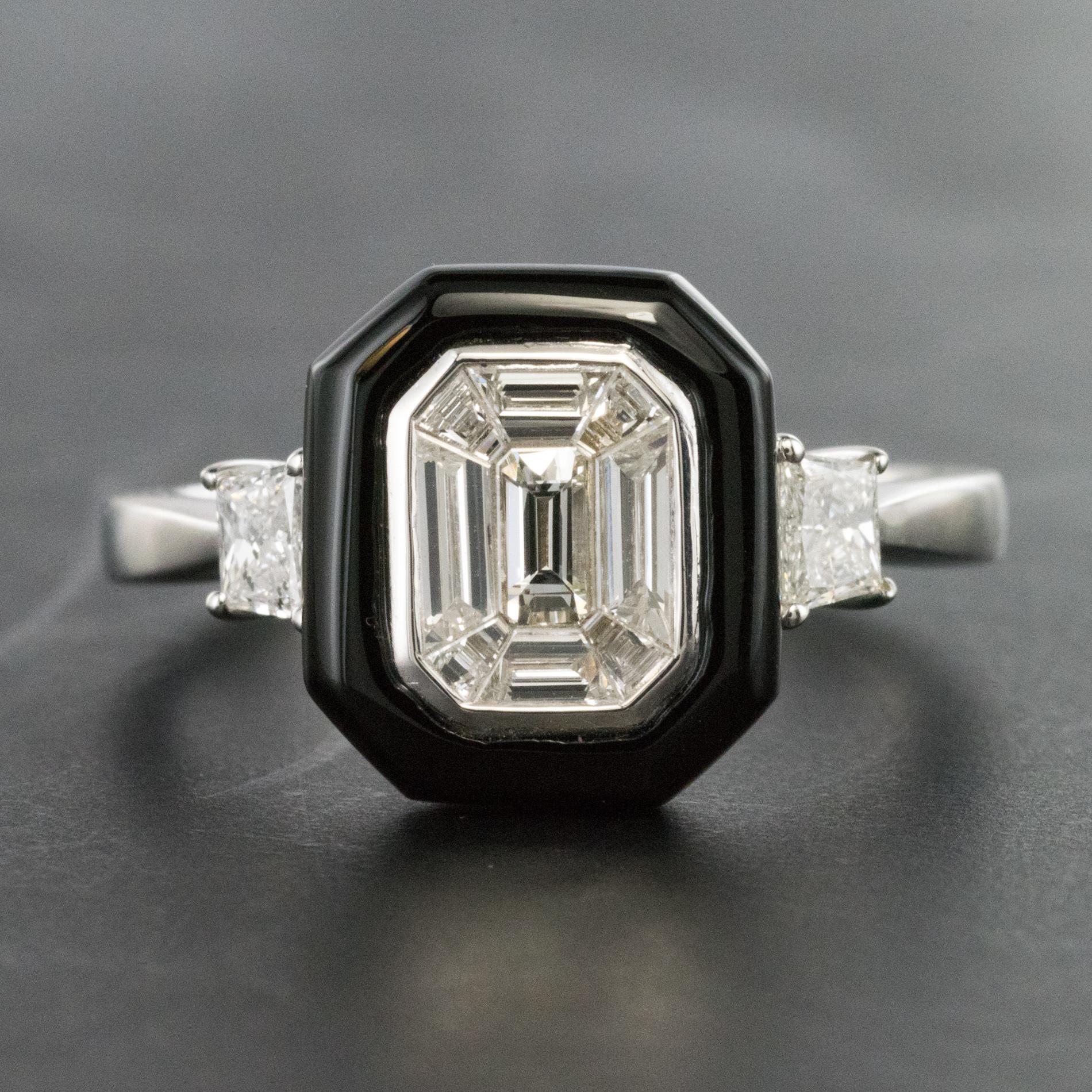 Women's New Art Deco Style Baguette Diamond Black Agate Ring