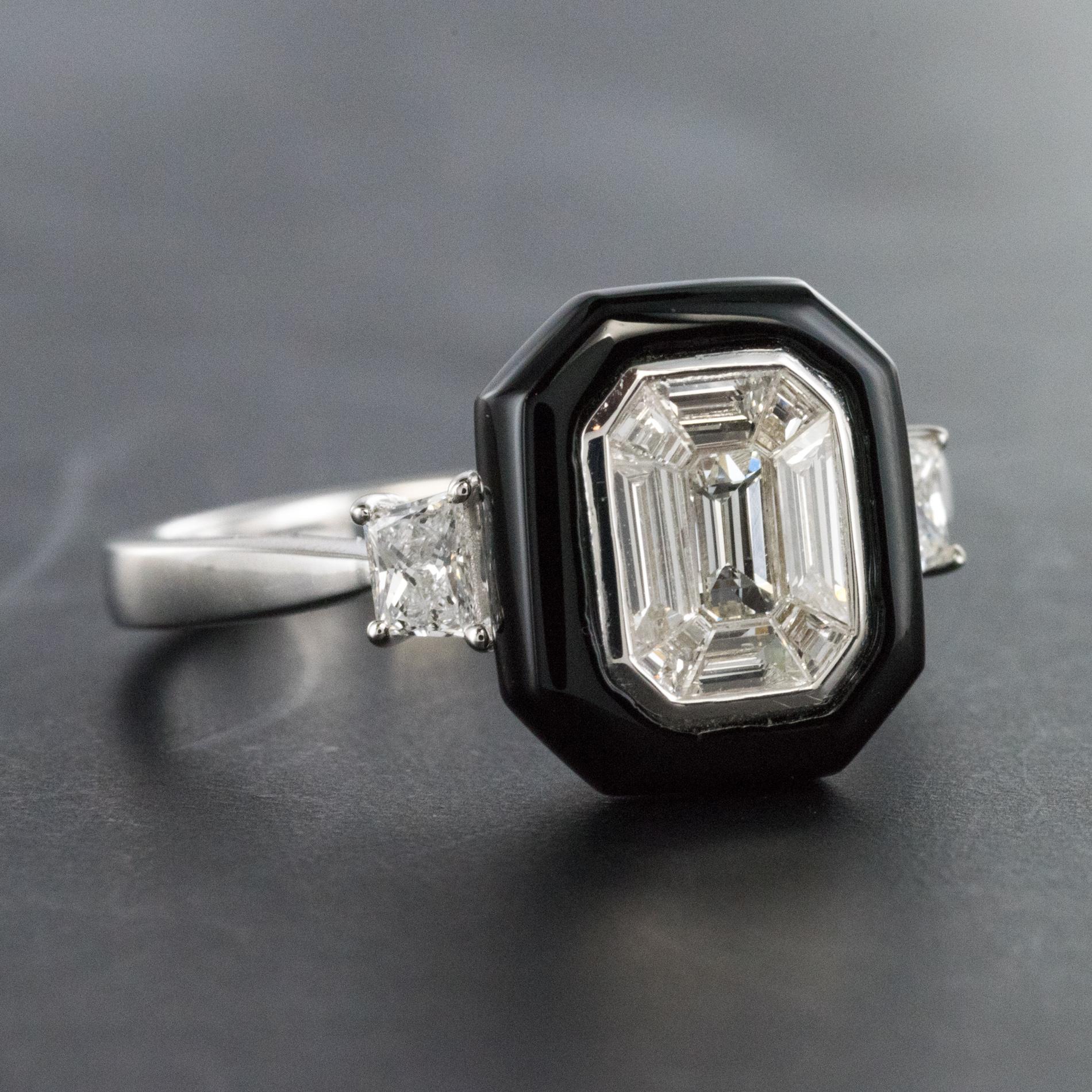 New Art Deco Style Baguette Diamond Black Agate Ring 1