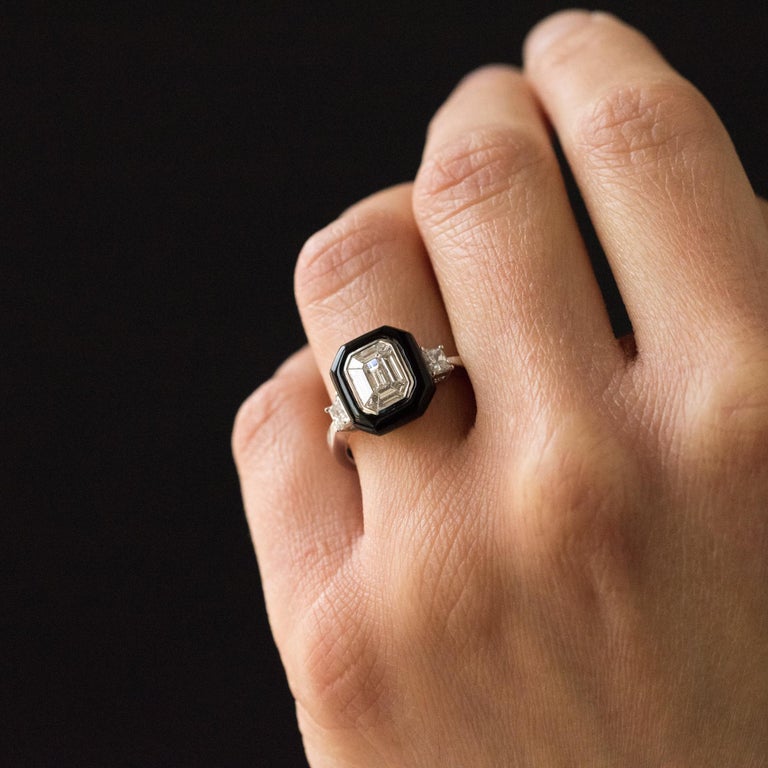 New Art Deco Style Baguette Diamond Black Agate Ring at 1stDibs | art