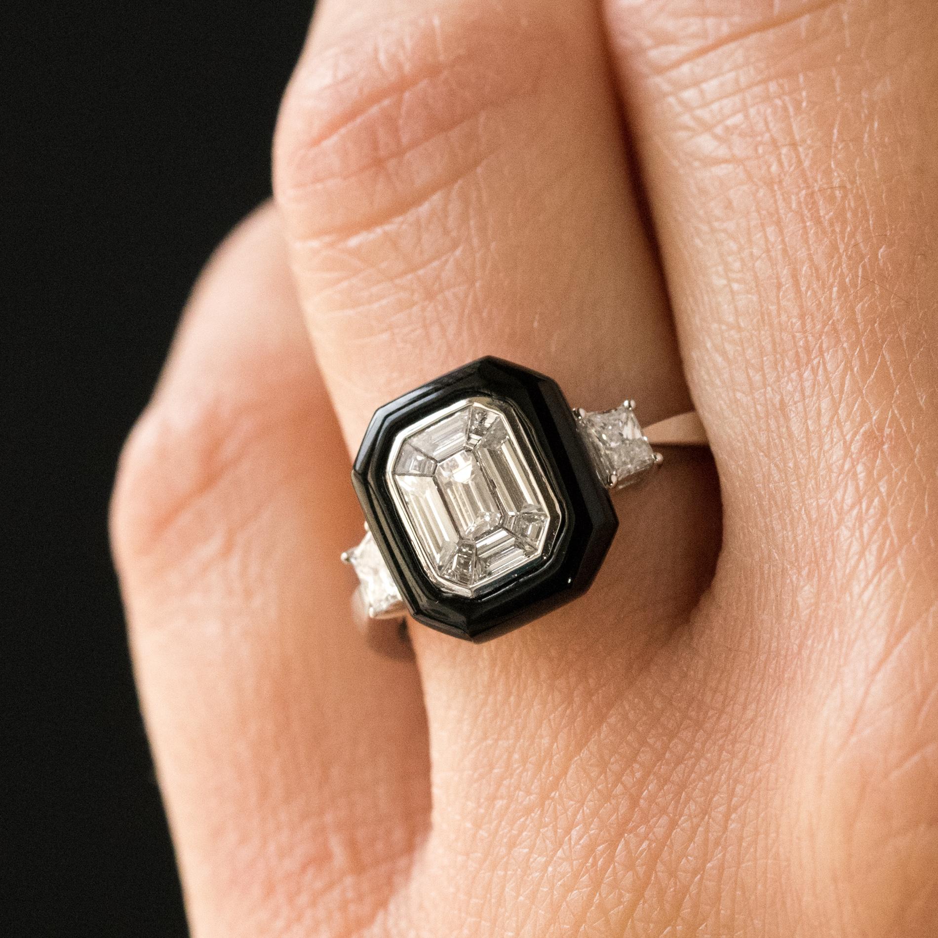 Neu Art Deco Stil Baguette Diamant Schwarzer Achat Ring (Baguetteschliff)