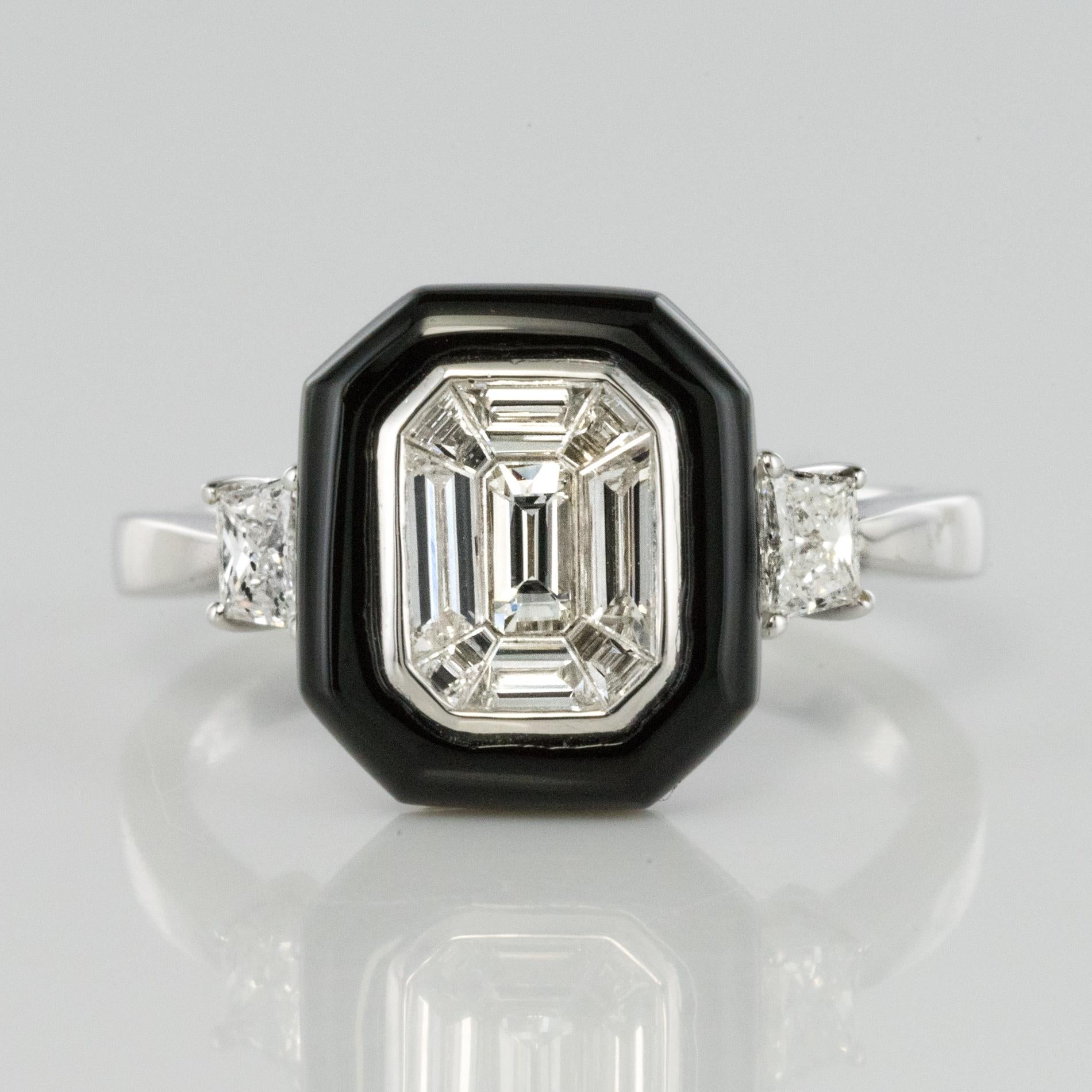 New Art Deco Style Baguette Diamond Black Agate Ring 3