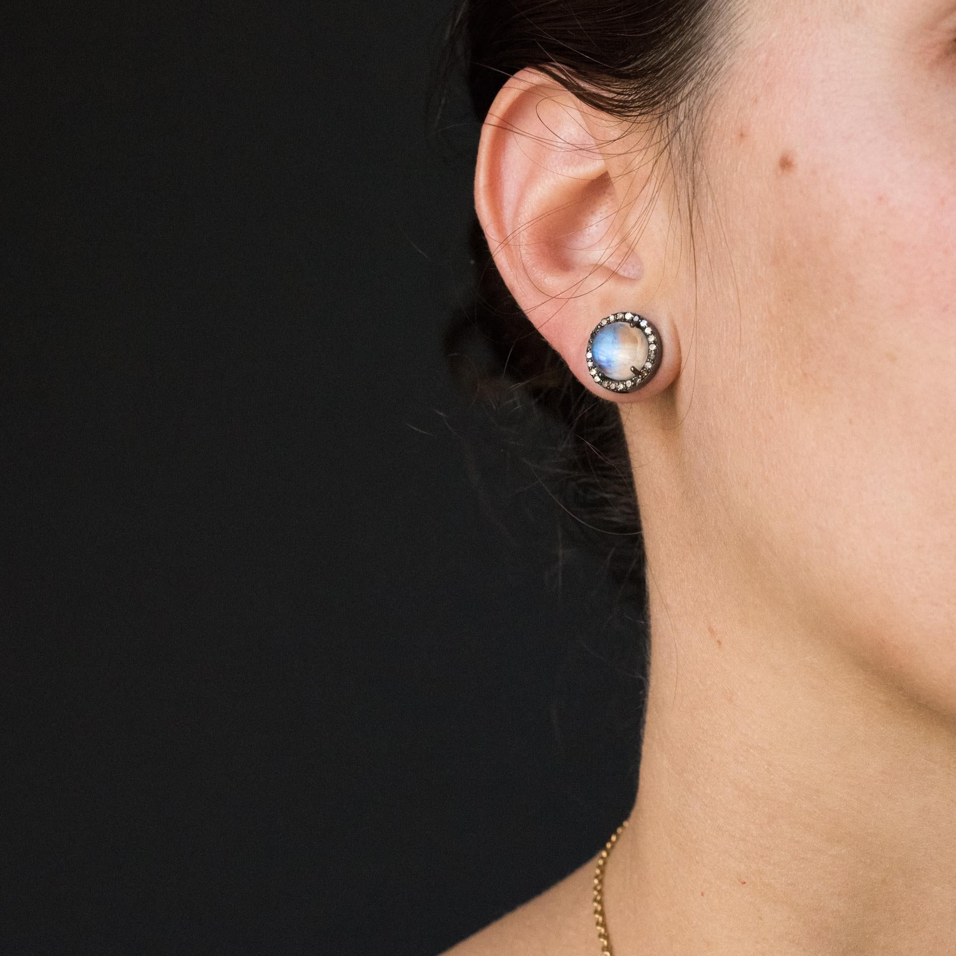 Women's New Moonstones Diamond Silver Round Shape Stud Earrings