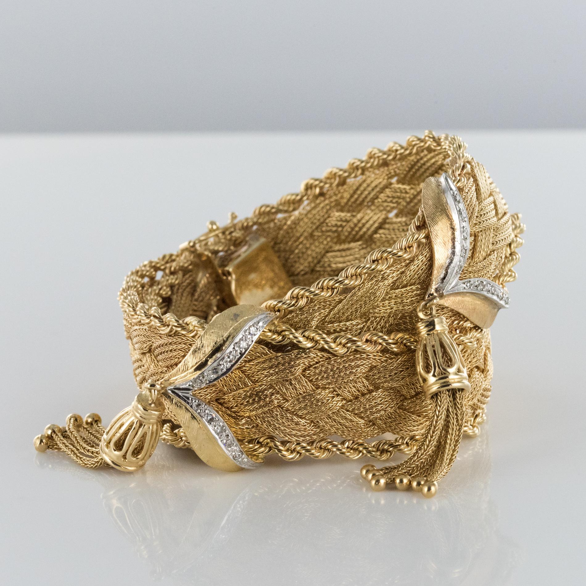 1960s Retro Yellow Gold Braids Diamonds Pair of Bracelets 2