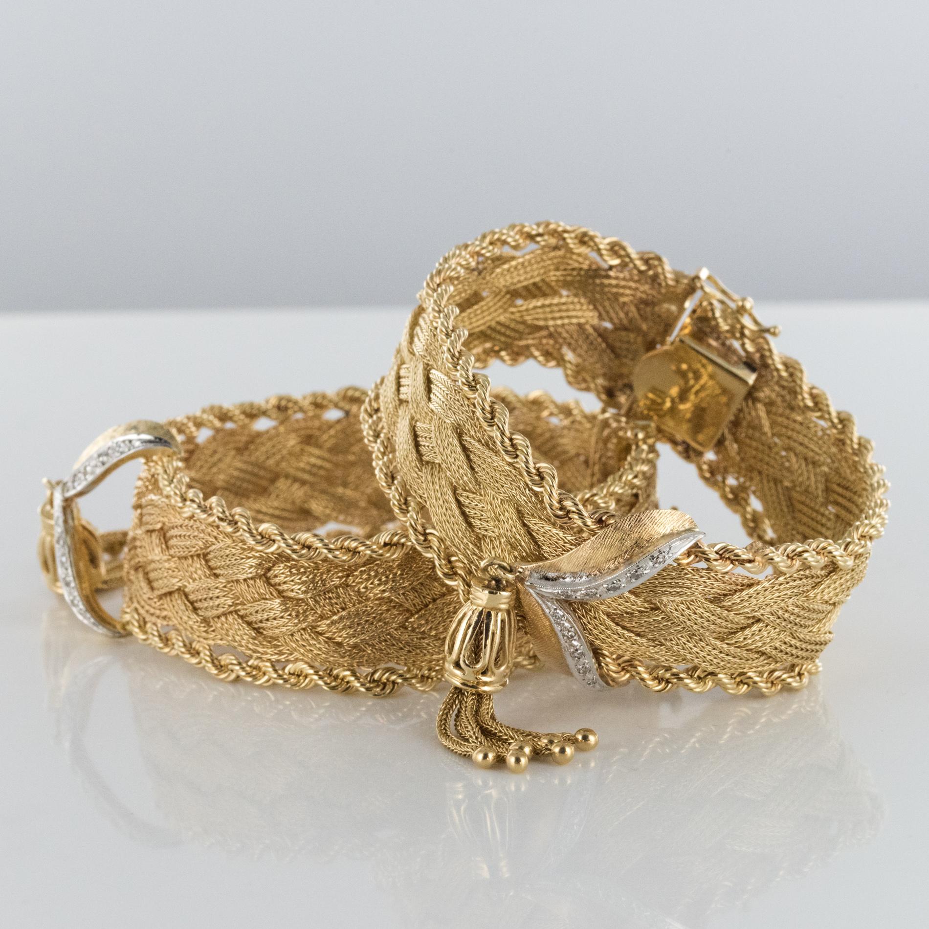 1960s Retro Yellow Gold Braids Diamonds Pair of Bracelets 3