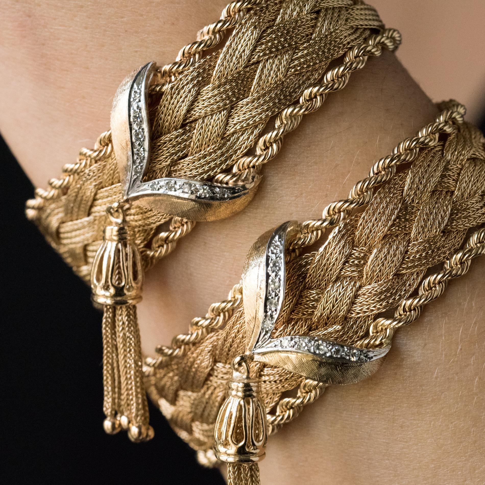 Women's 1960s Retro Yellow Gold Braids Diamonds Pair of Bracelets