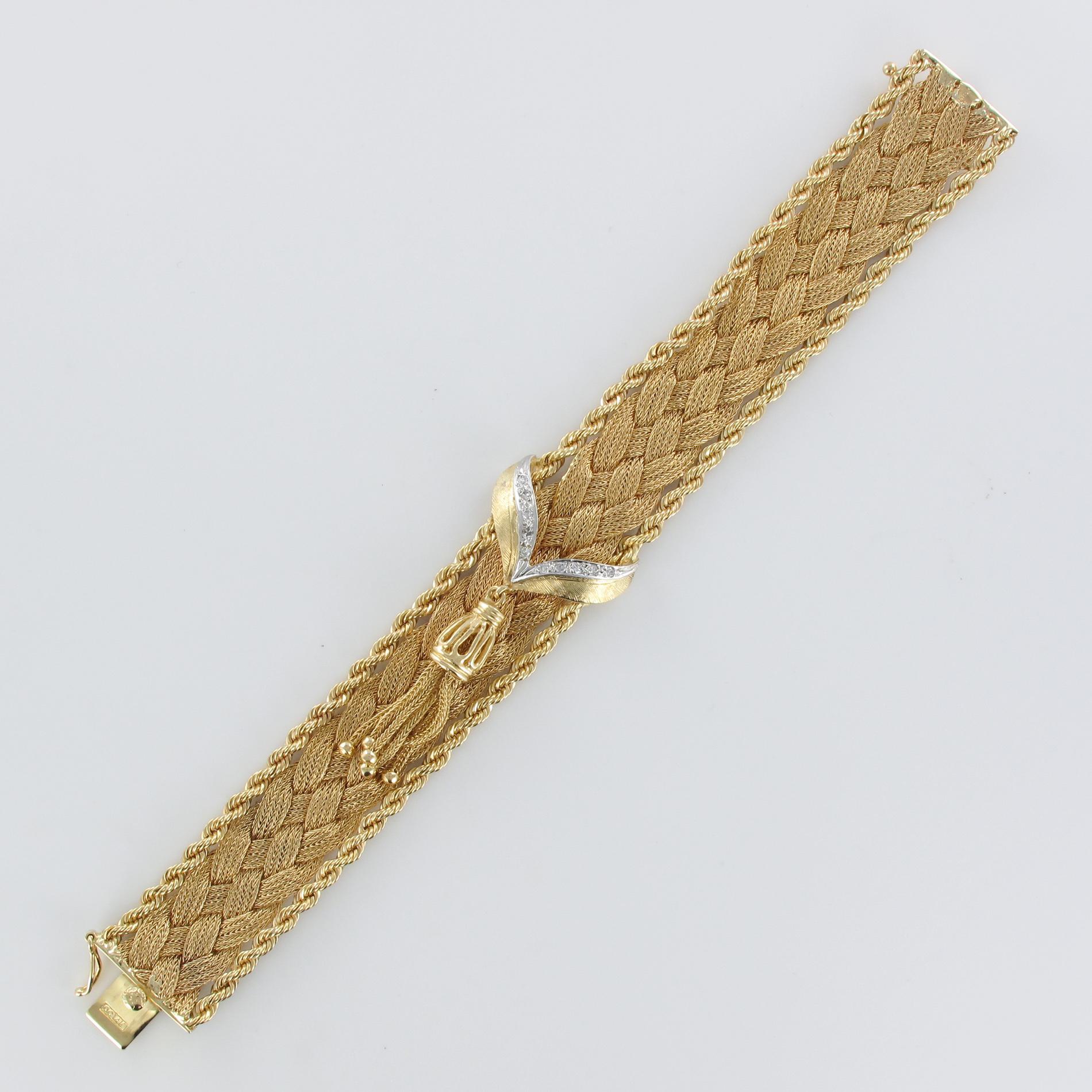 1960s Retro Yellow Gold Braids Diamonds Pair of Bracelets 8