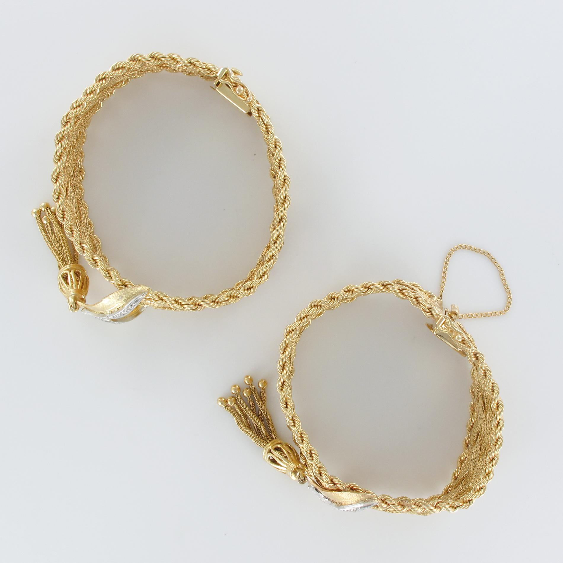 1960s Retro Yellow Gold Braids Diamonds Pair of Bracelets 9