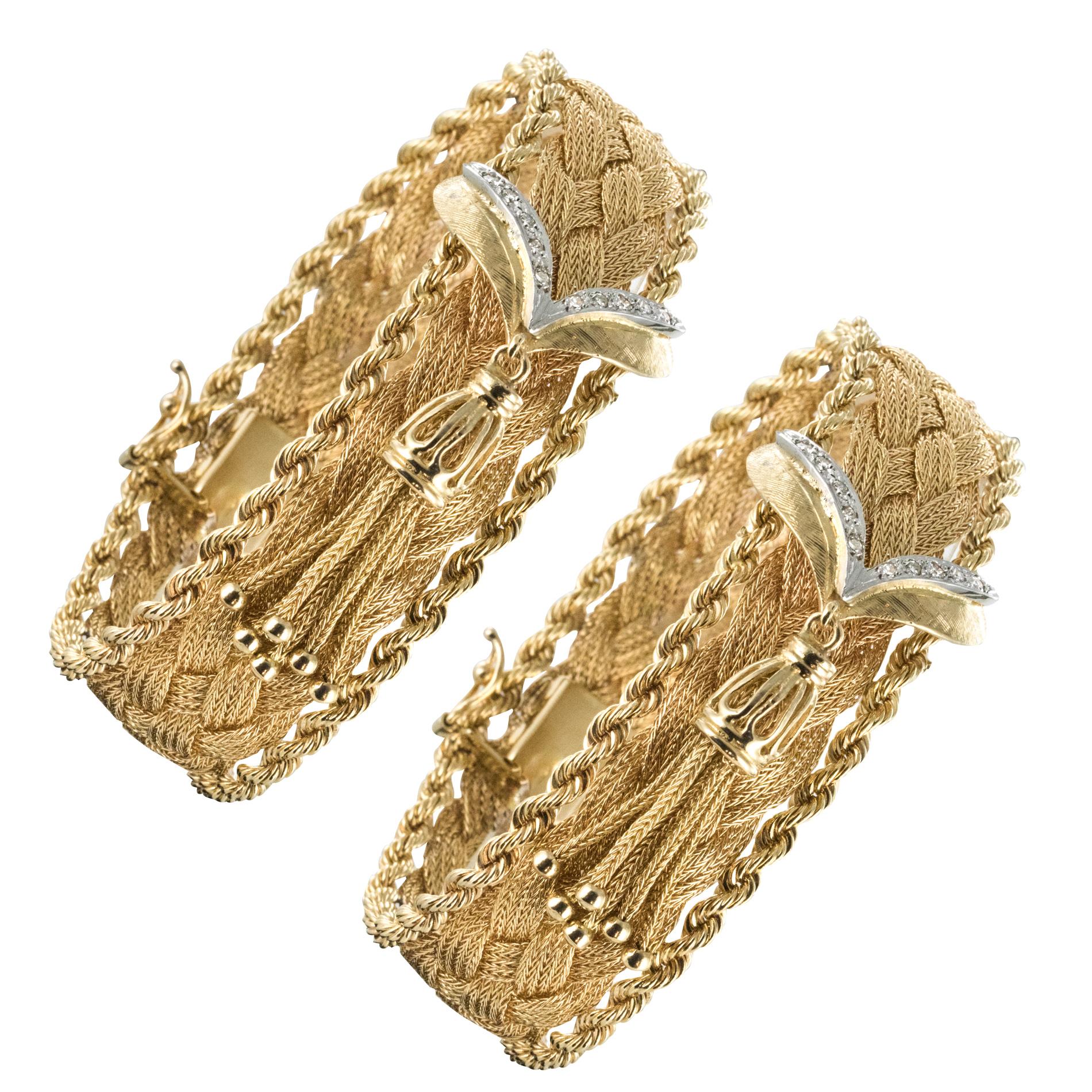 1960s Retro Yellow Gold Braids Diamonds Pair of Bracelets
