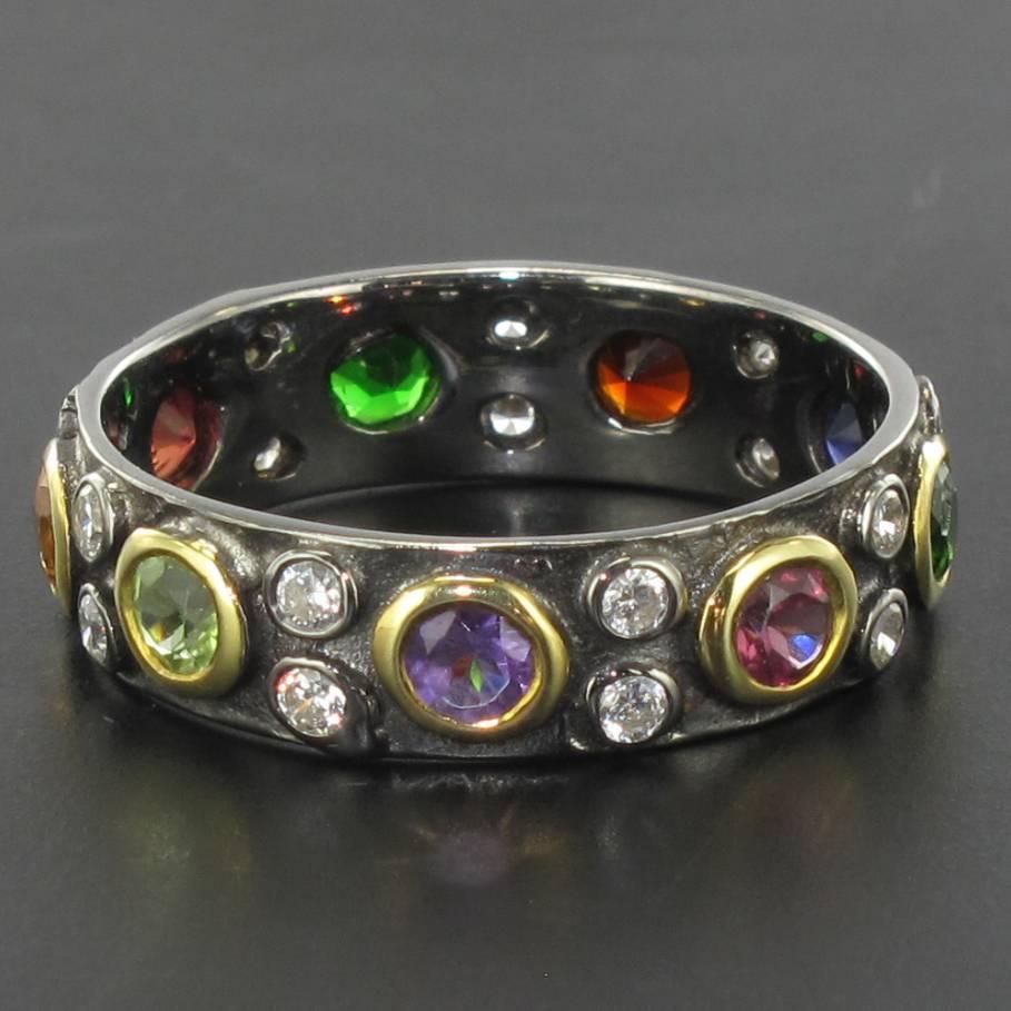 New Topaz Peridot, Tsavorite Garnet Sapphire Amethyst Black Silver Band Ring 1