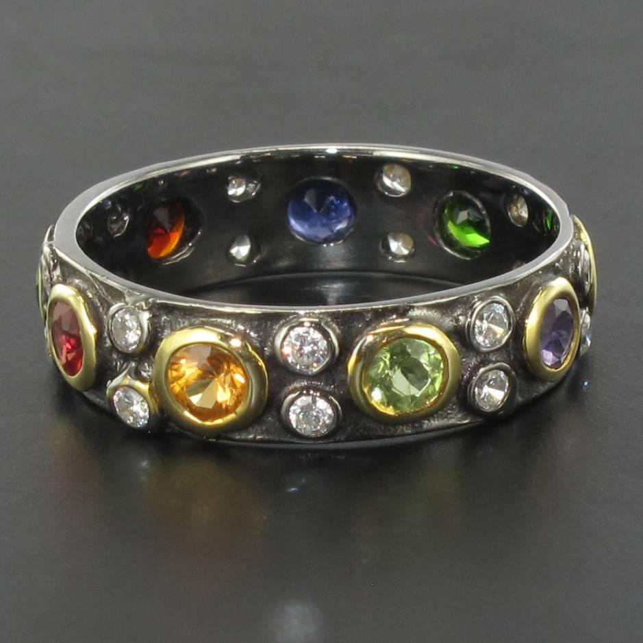 New Topaz Peridot, Tsavorite Garnet Sapphire Amethyst Black Silver Band Ring 3