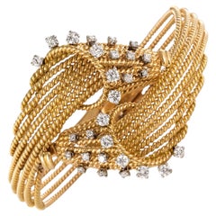 French 1950s Diamonds Platinum 18 Karat Yellow Gold Thread Bracelet