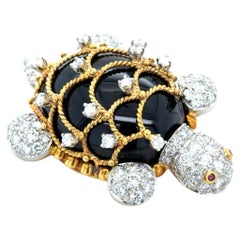 Vintage Hammerman Brothers Diamond and Onyx Turtle Brooch, 18K Gold and Platinum