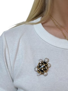 Vintage Hammerman Brothers Diamond and Onyx Turtle Brooch, 18K Gold and Platinum