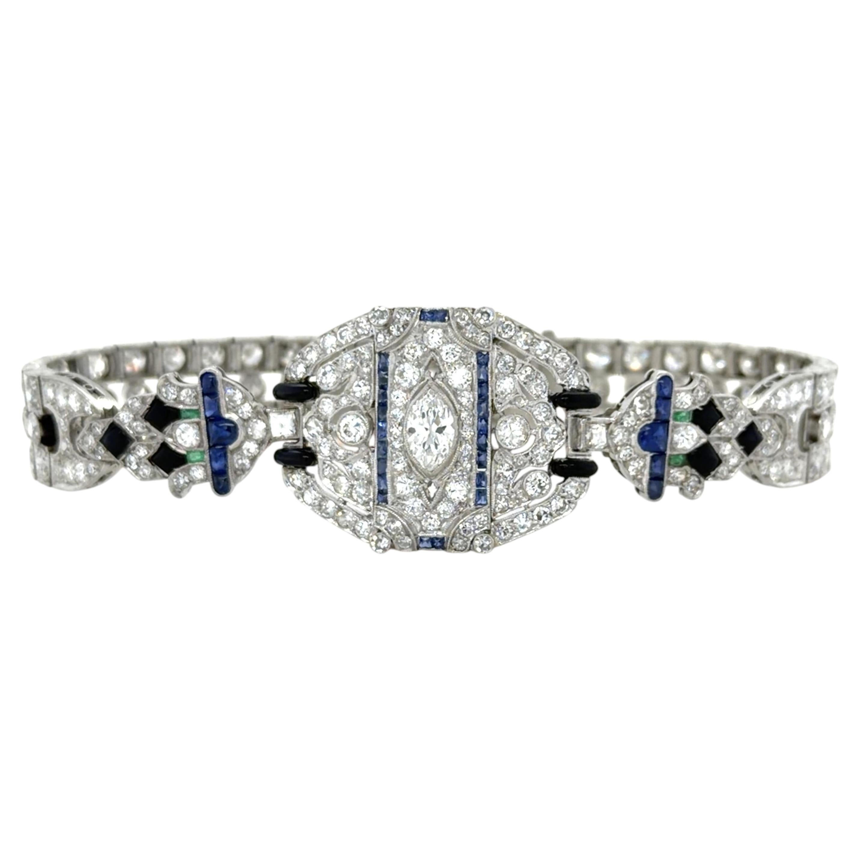 Bracciale in stile Art Déco con diamanti da 14,50 carati, zaffiri e smeraldi, in platino