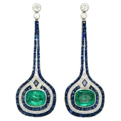 6.66 Carat Emerald, Sapphire and Diamond Drop Earrings, 18K White Gold