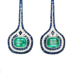 6.66 Carat Emerald, Sapphire and Diamond Drop Earrings, 18K White Gold