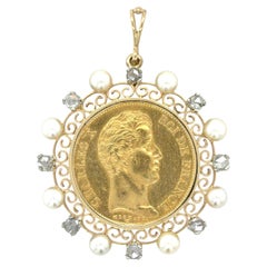 Vintage, Charles X French 40 Francs Coin, Diamond and Cultured Pearl Pendant