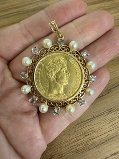 Vintage, Charles X French 40 Francs Coin, Diamond and Cultured Pearl Pendant