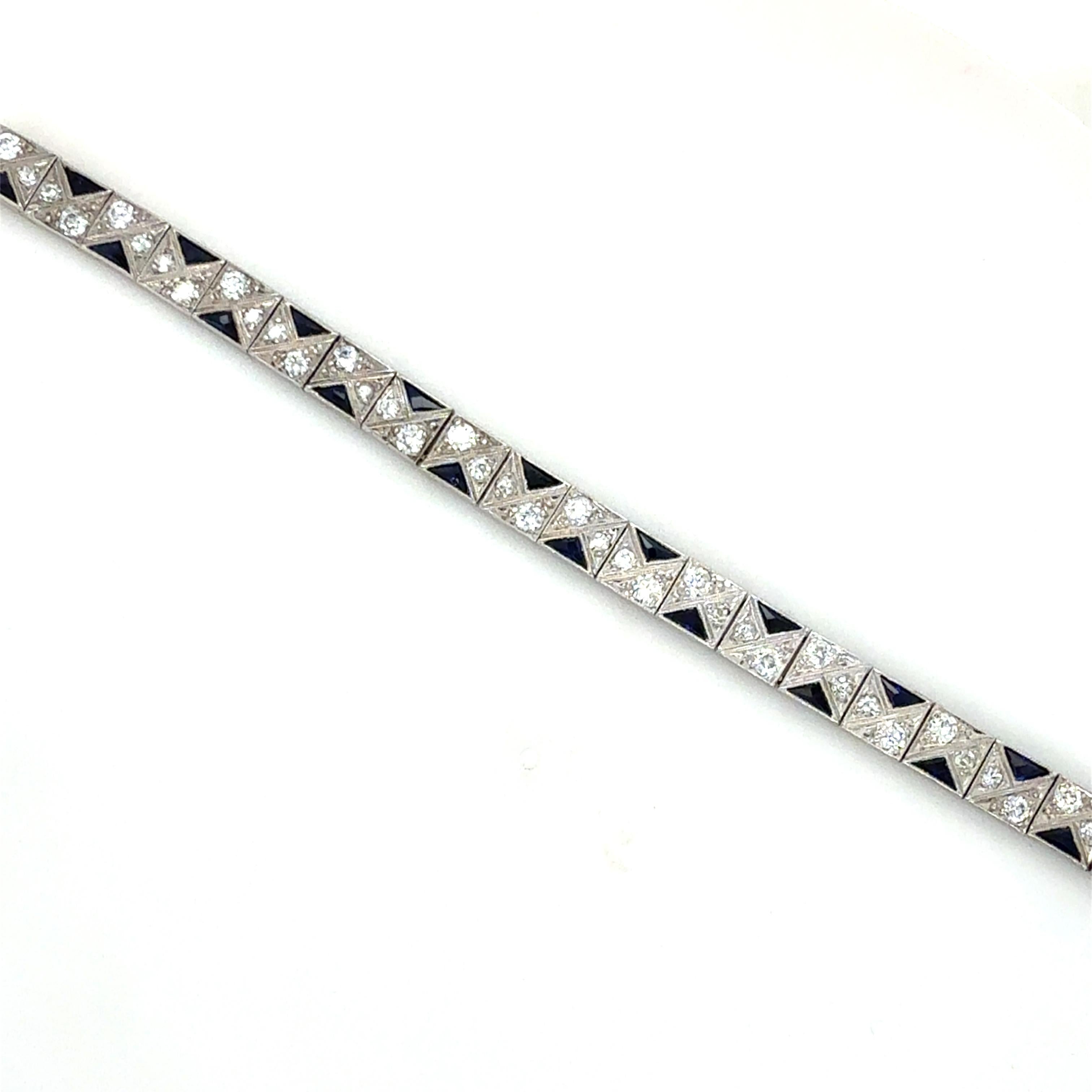 Pulsera de tenis Art Déco con diamantes y zafiros sintéticos Corte europeo antiguo en venta
