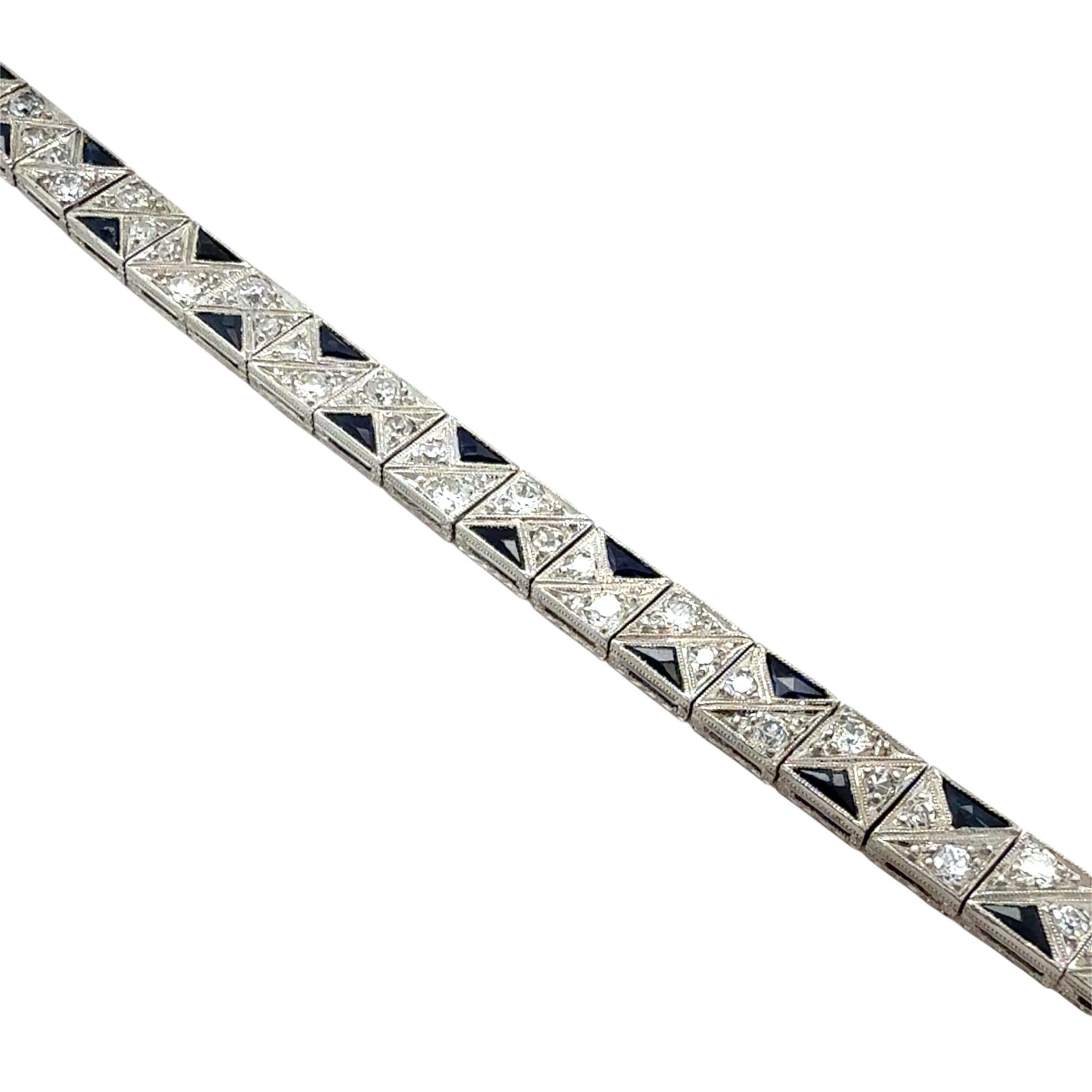 Pulsera de tenis Art Déco con diamantes y zafiros sintéticos en Excelente estado para la venta en Chicago, IL