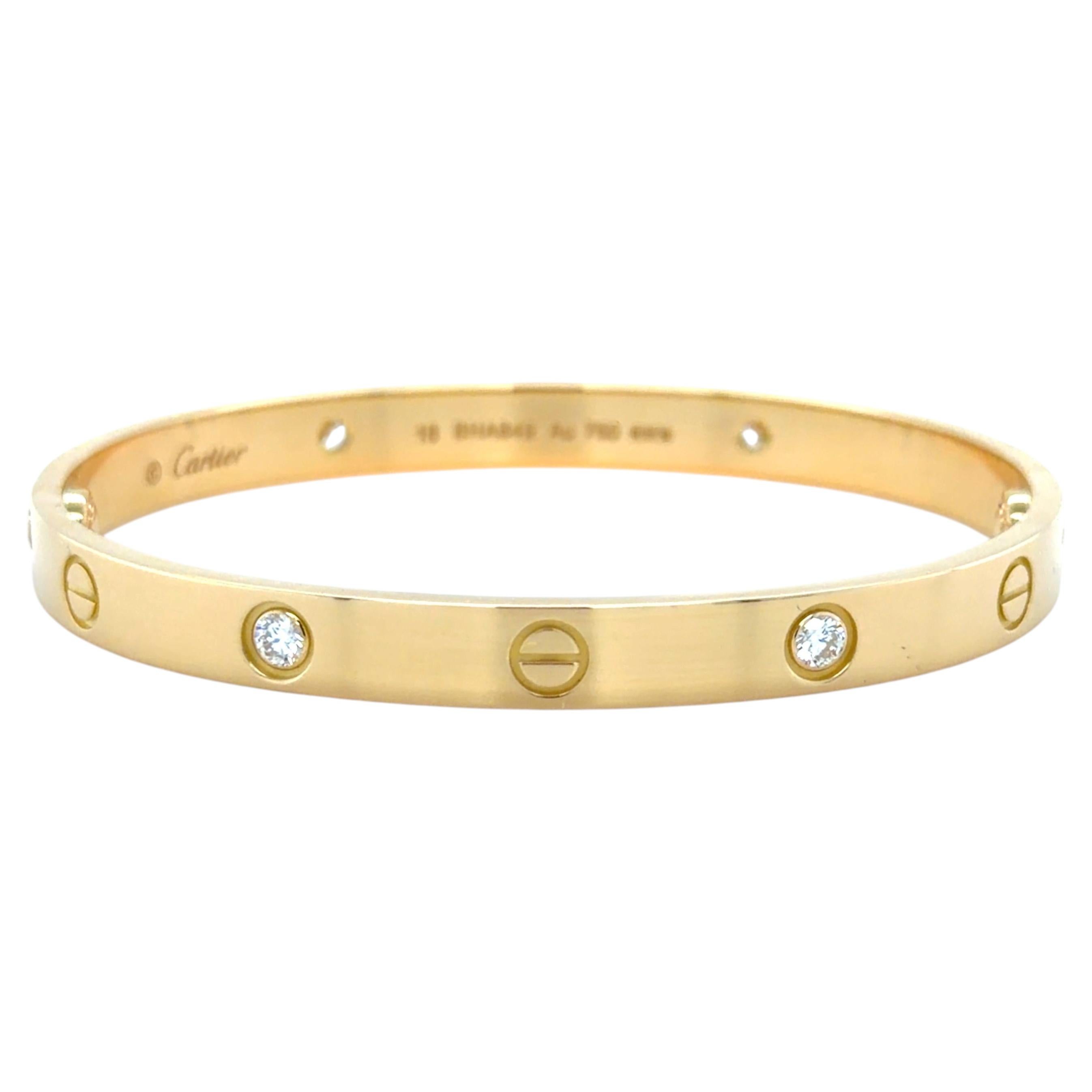 Cartier, Love Bracelet Classic Model 4 Diamonds Bangle Bracelet, size 18 For Sale