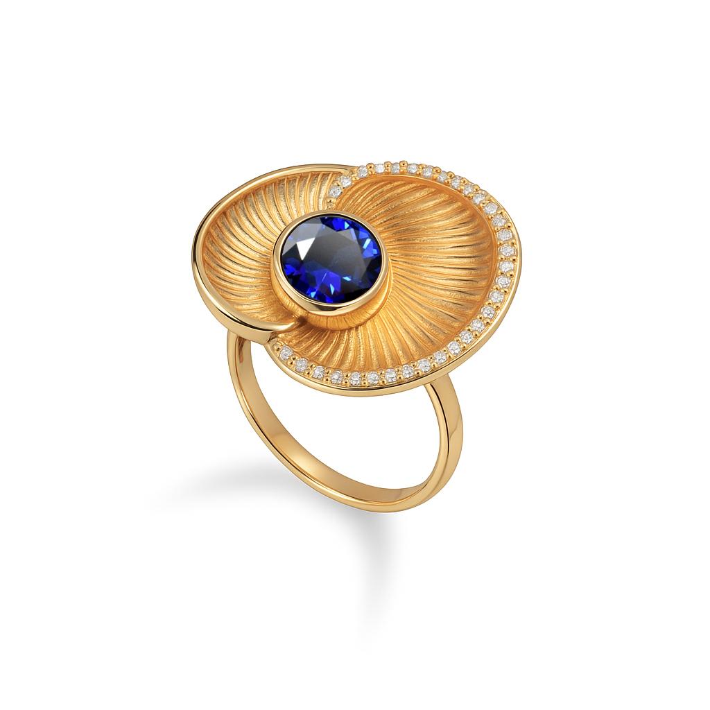 Taille ronde Bague en or en forme de coquillage avec kyanite et diamant en vente