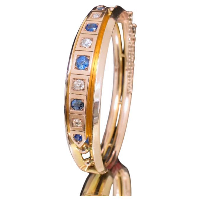 Antique Edwardian 9ct Yellow Gold Sapphire And Diamond Bangle Circa 1910 For Sale