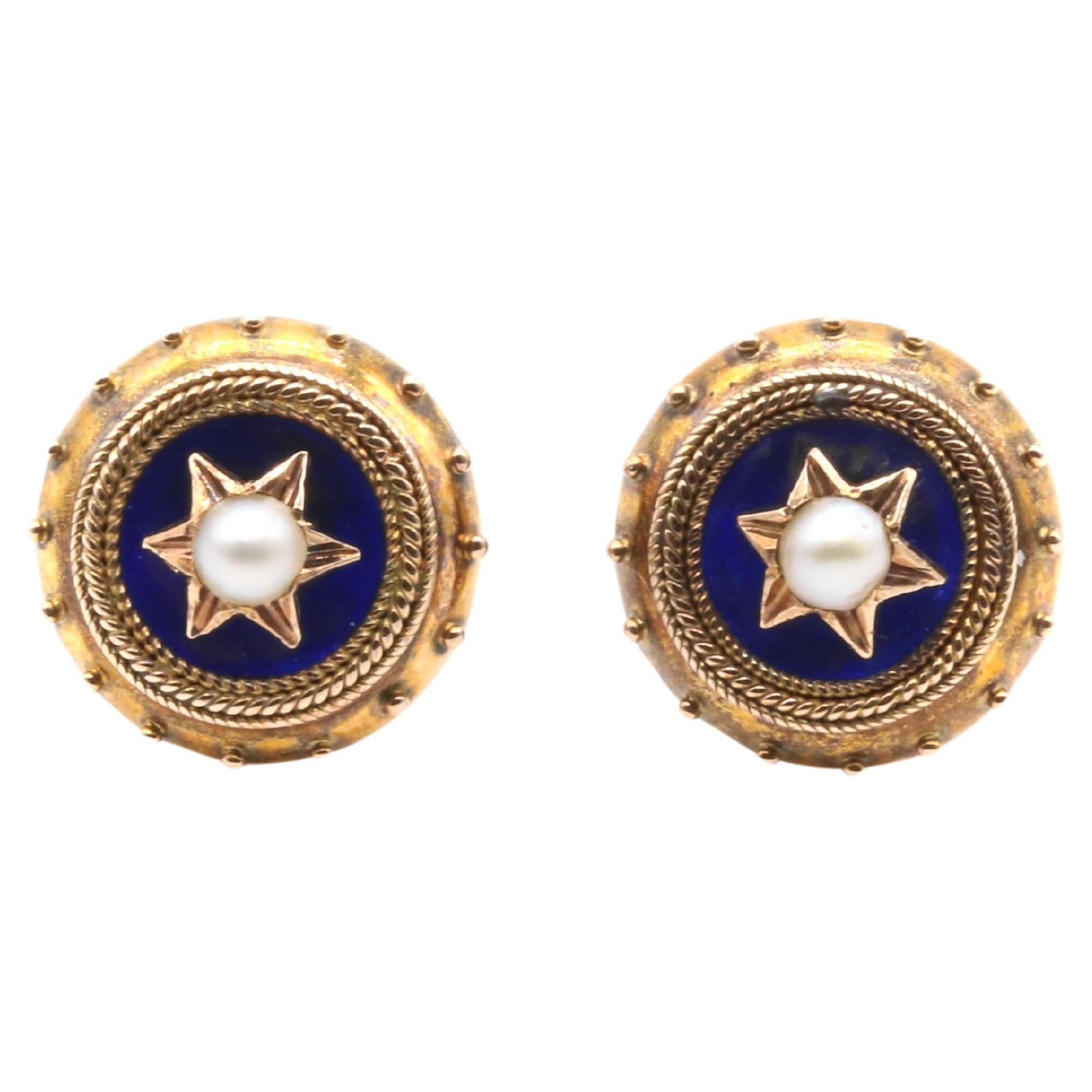 Antique Victorian 9K Gold Star Set Pearl Blue Enamel Etruscan Revival Earrings