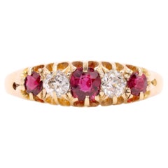 Antique Victorian 18K Yellow Gold 0.71tgw Ruby and Old Cut Diamond 5 Stone Ring