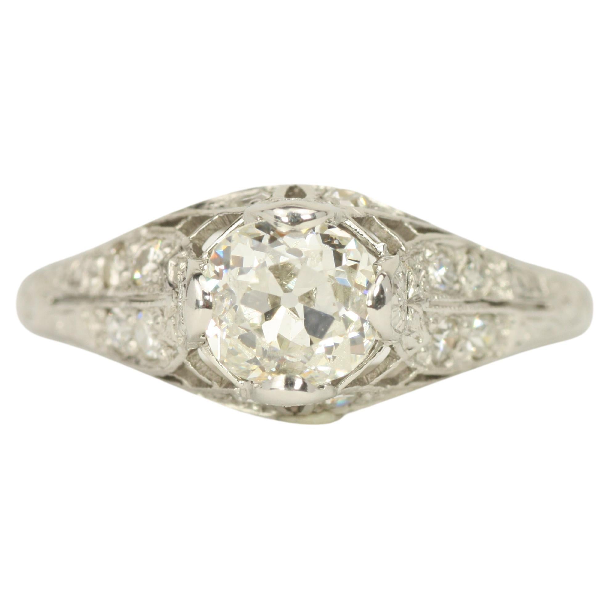 0.98 Total Carat Old Mine and Round Cut 1920s Art Deco Filigree Engagement Ring