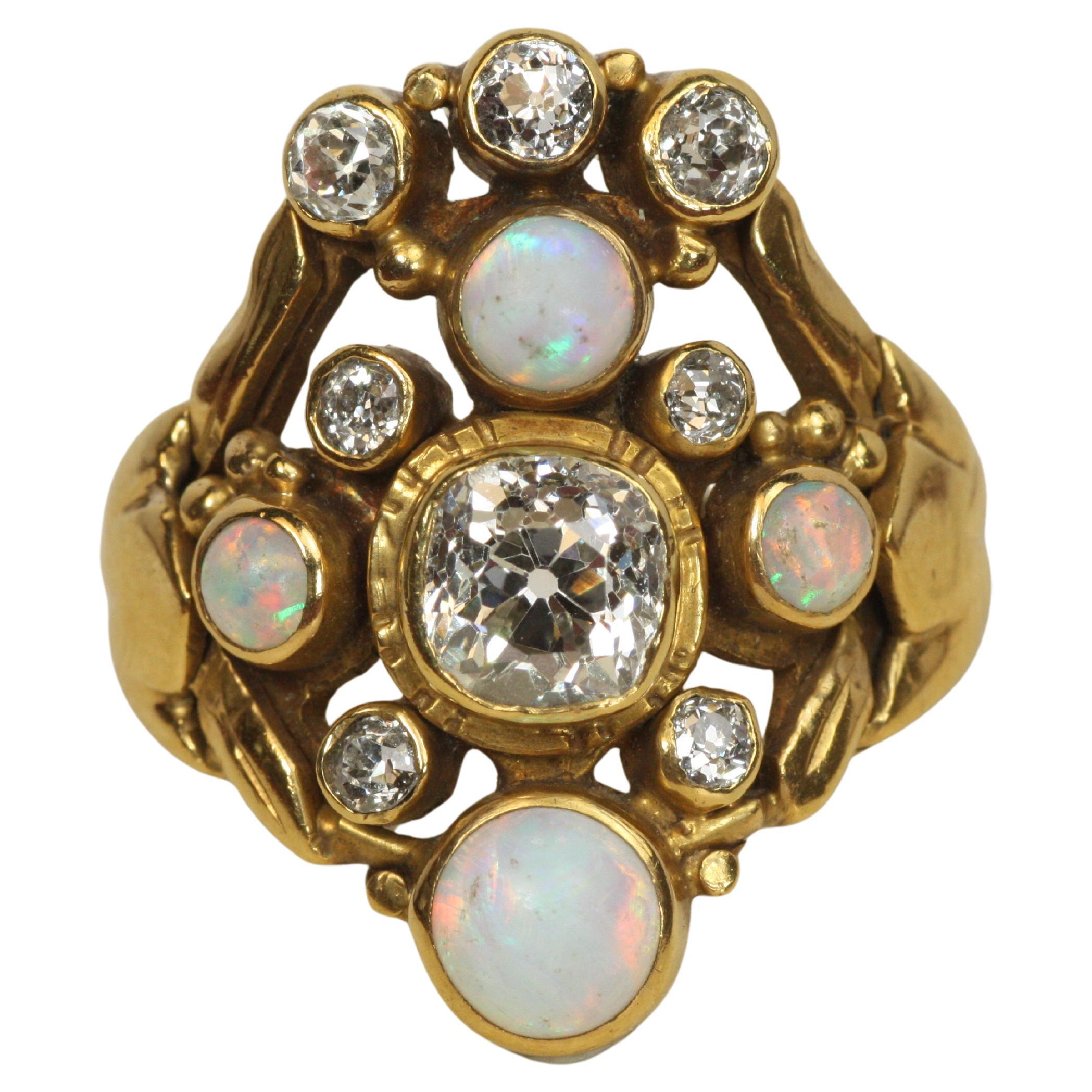 c.1900 Art Nouveau Antique Ring – Old Mine Cut Diamonds & Opals 18K Yellow Gold