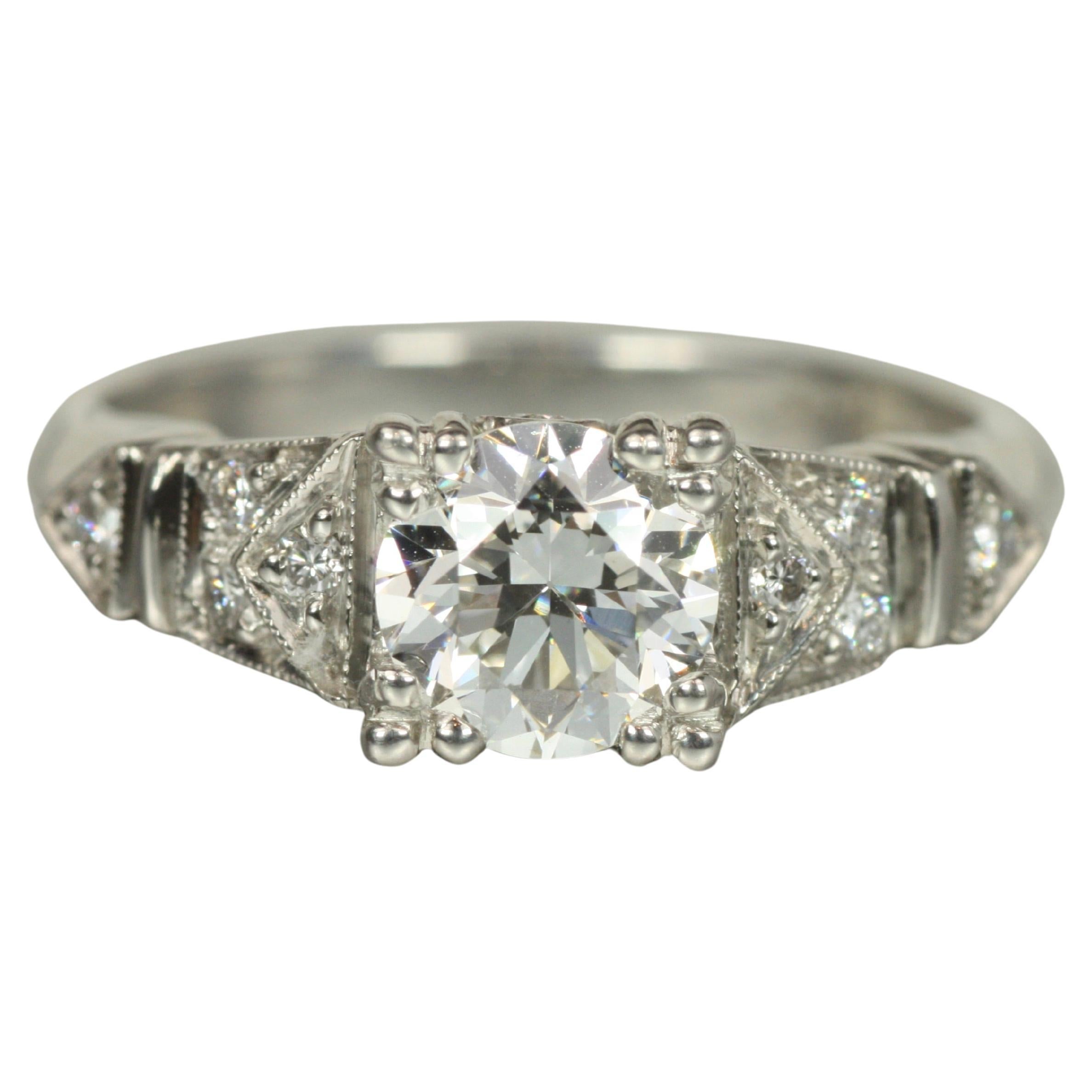 Art Deco Stil Verlobungsring - 0.98ct Runde Diamanten Platin von Bracken im Angebot