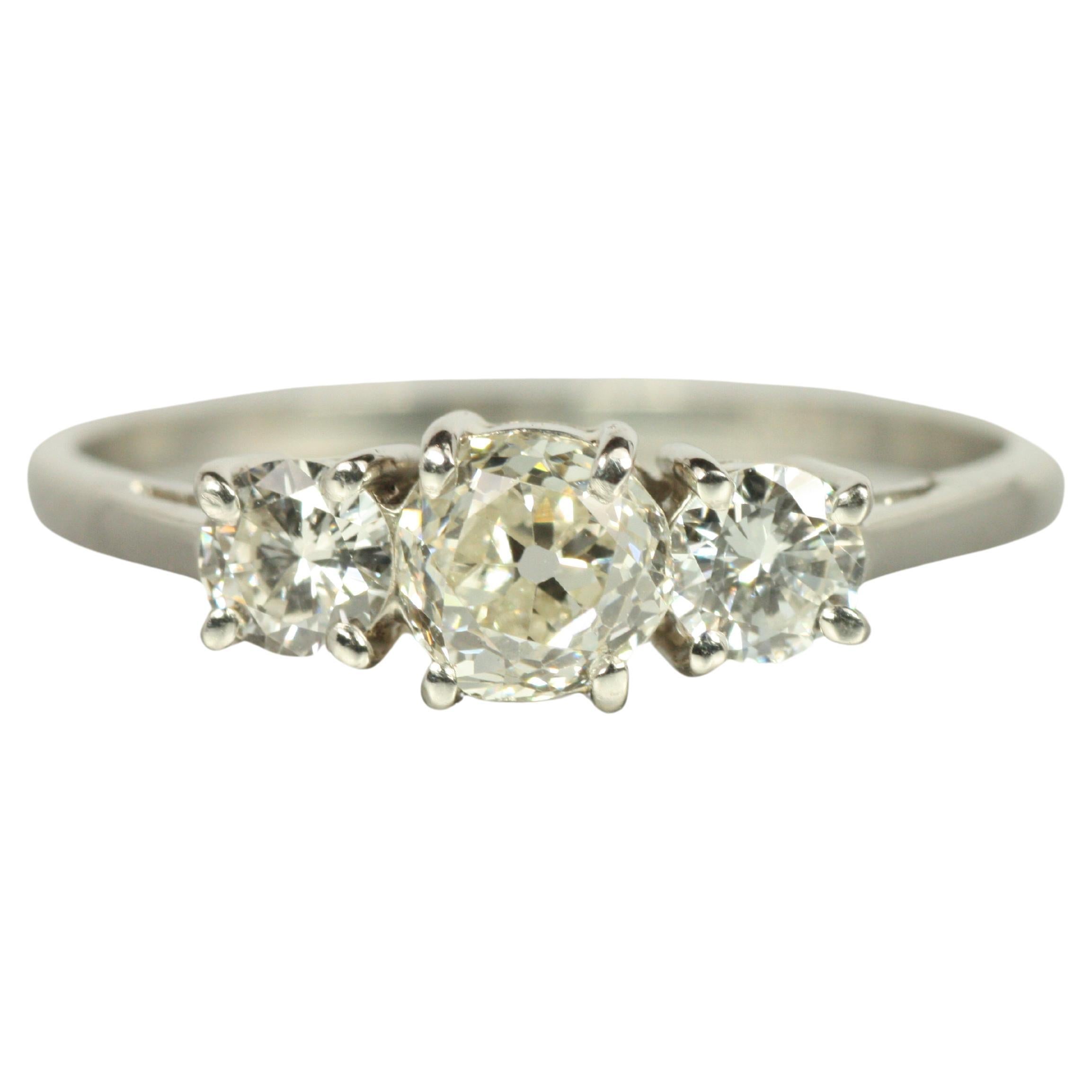 Platinum 3-Stone Engagement Ring – 0.78ct Old Mine & Round Diamonds in Platinum
