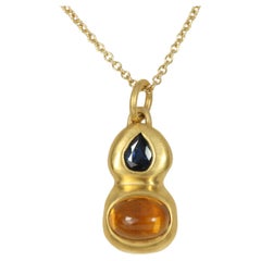 Citrine & Sapphire Pendant in 22K Yellow Gold Bezel Charm, Necklace