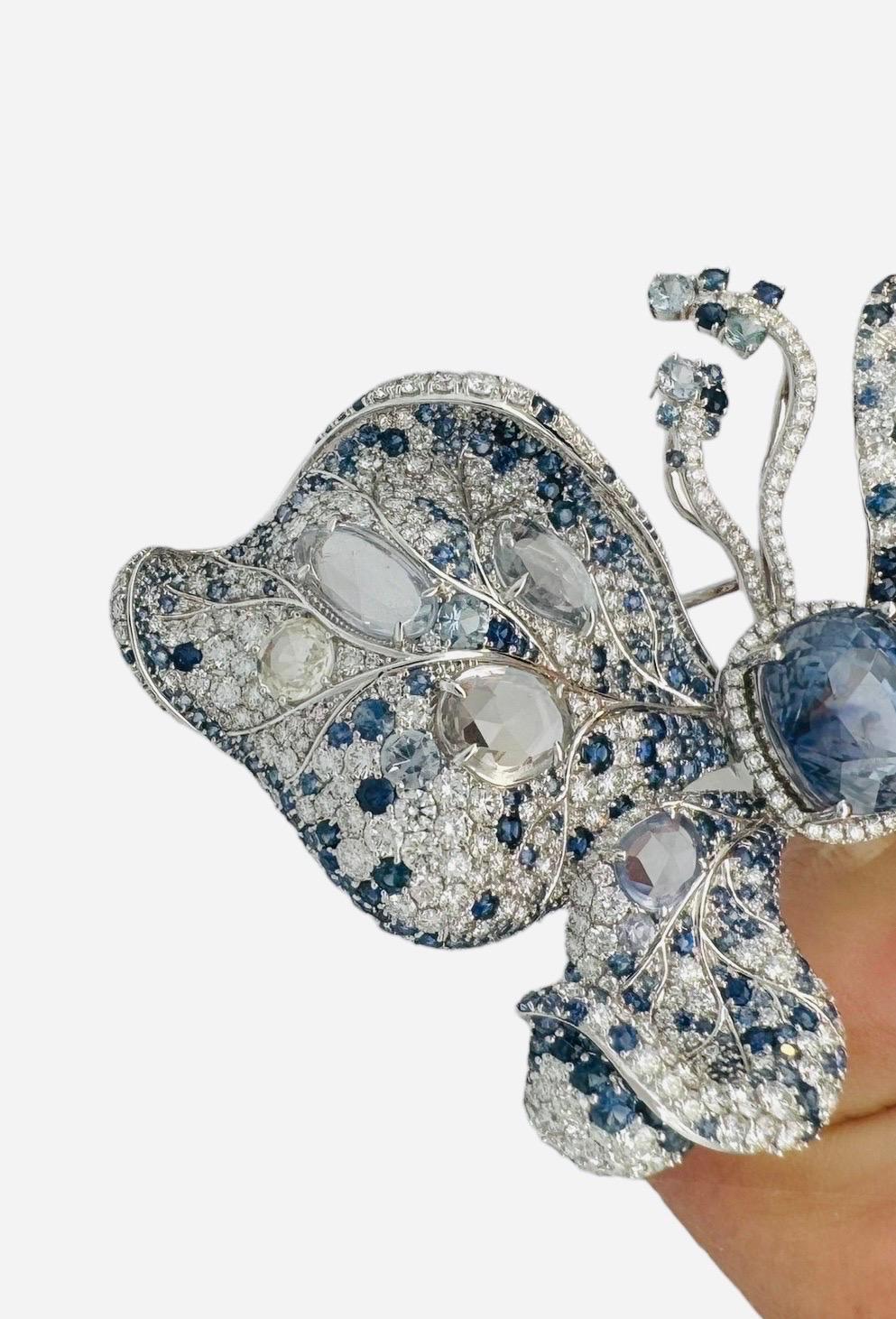 GIA Certified 12.01 Carat Sapphire and Diamond Butterfly Brooch For Sale 6