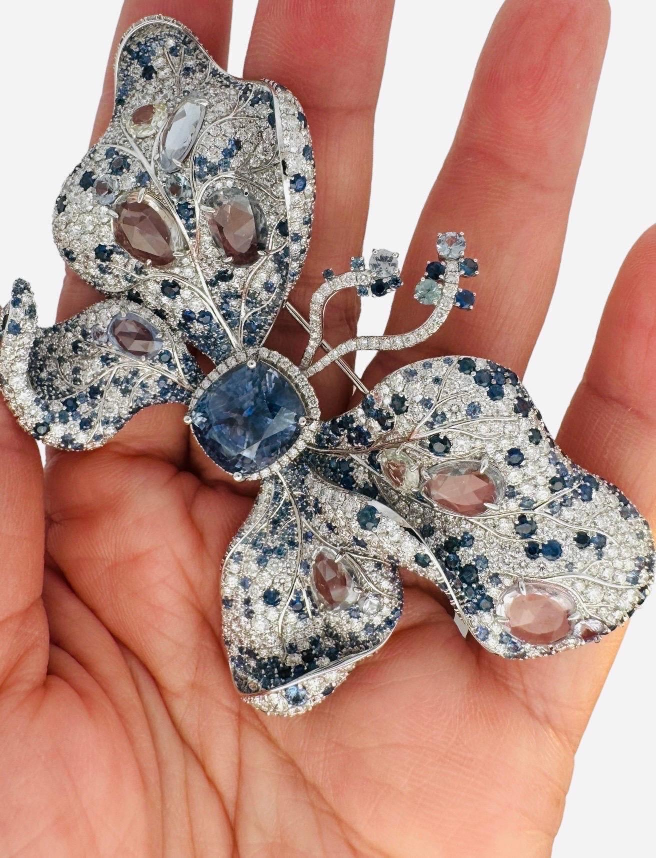 GIA Certified 12.01 Carat Sapphire and Diamond Butterfly Brooch For Sale 10