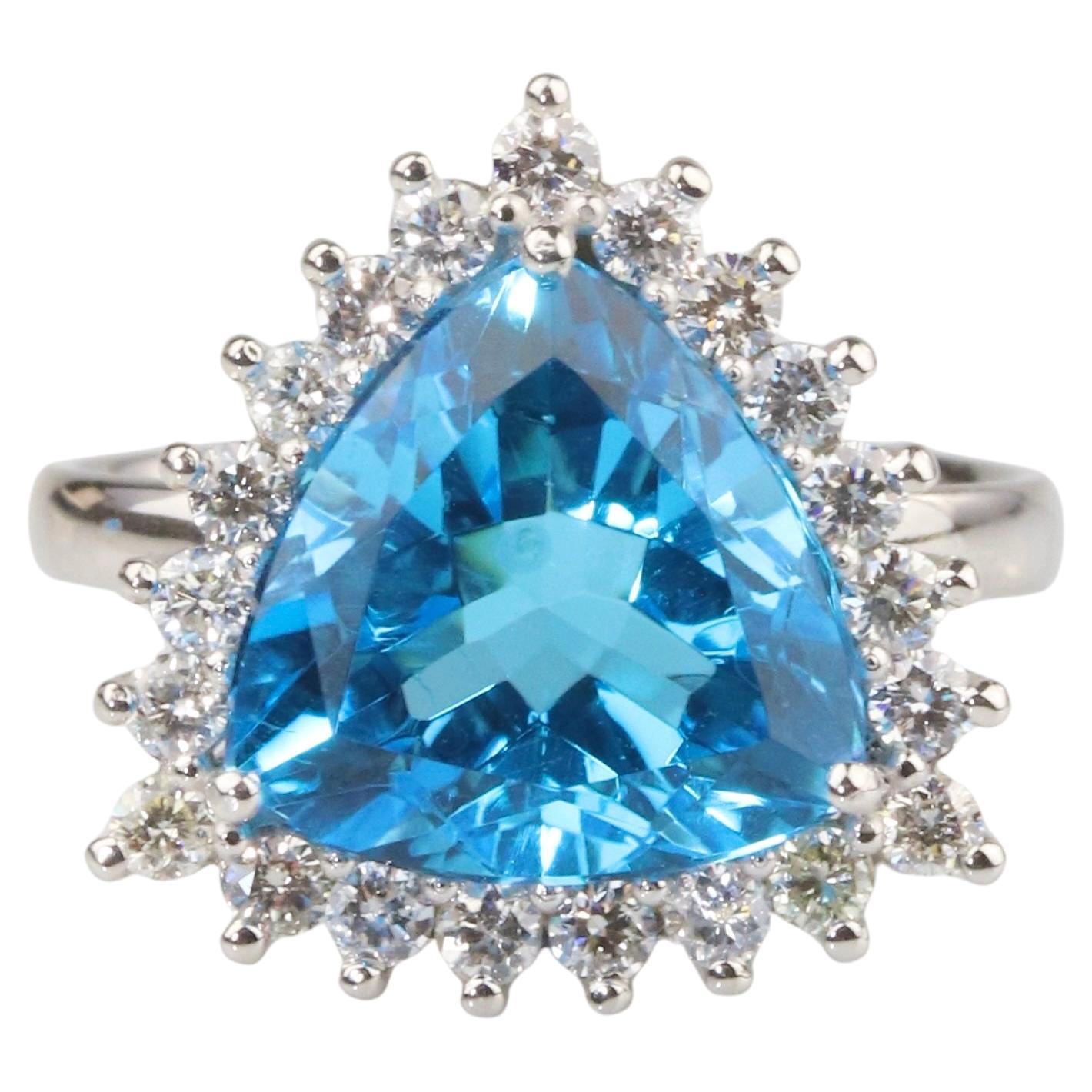Swiss Topaz & Diamond Ring - 18K Solid White Gold - Medium Size