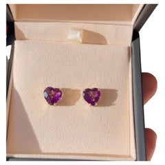Heart Amethyst Earrings - 18K Solid Yellow Gold