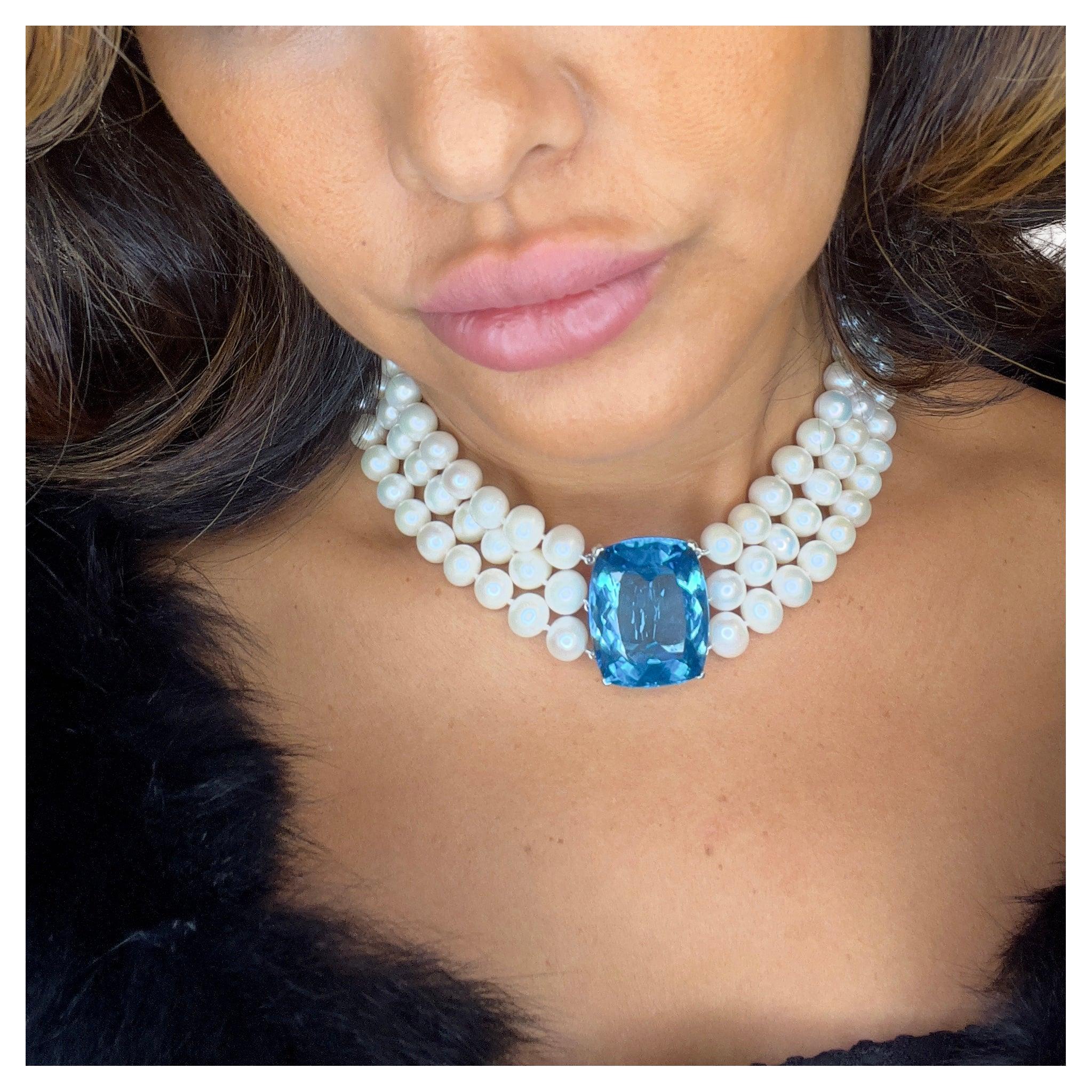 Magnificent 110-Carat Swiss Topaz and Triple-Strand Pearl Statement Necklace For Sale