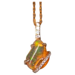 1.75 ct Mexican Fire Opal & Diamond Pendant Necklace 18K Yellow Gold