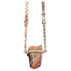 One-of-Kind Mexican Fire Opal 
Diamond Sapphire Necklace 18K Yellow Gold