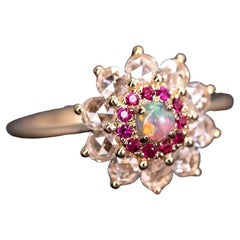 The Precious - Halo Diamond Black Opal Ruby Engagement Ring 18K Yellow Gold