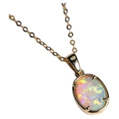 Oval Shaped Australian Solid Opal Necklace 14k Yellow Gold