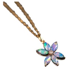Water Lily Doublet Opal Diamond Pendant Necklace 14K Yellow Gold