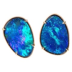 Deep Ocean Blue Australian Doublet Opal Stud Earrings 14K Yellow Gold
