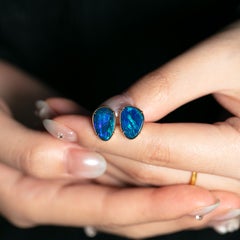 Deep Ocean Blue Australian Doublet Opal Stud Earrings 14K Yellow Gold
