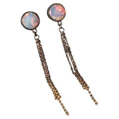 Elegant Australian Solid Opal Drop Earrings in 14K Yellow Gold
