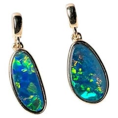 Minimalist Australian Doublet Opal Drop Earrings 14K Yellow Gold