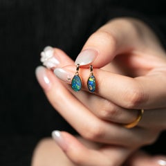 Minimalist Australian Doublet Opal Drop Earrings 14K Yellow Gold