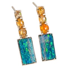 Rectangle Australian Solid Opal & Fire Opal Drop Earrings 14K Yellow Gold